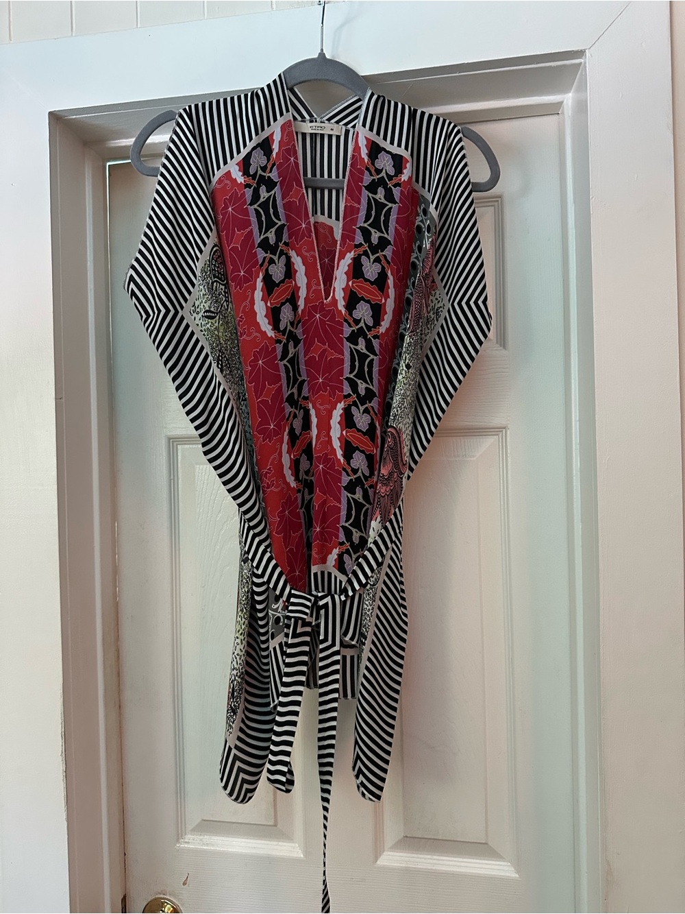 Etro Black, White & Red Striped Floral-Panel Wrap Silk Tunic